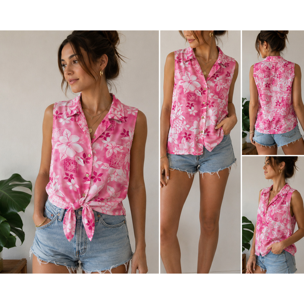 Big Dog Hawaiian Floral Sleeveless Button Up Top Women’s Medium Pink Y2K